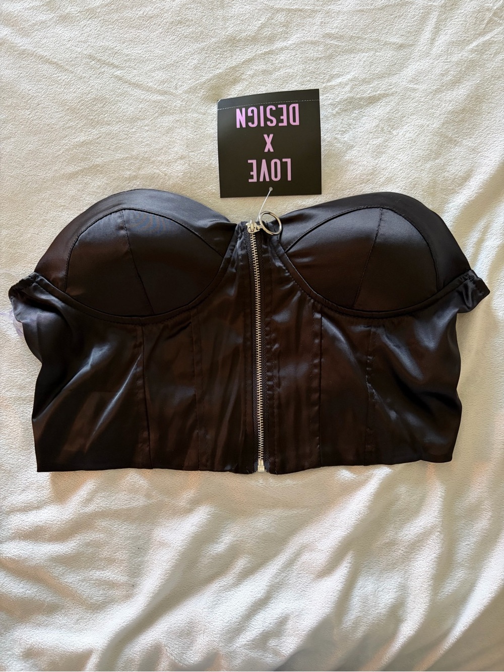 Love By Design Black Satin Strapless Bustier Crop Top with Front Zip